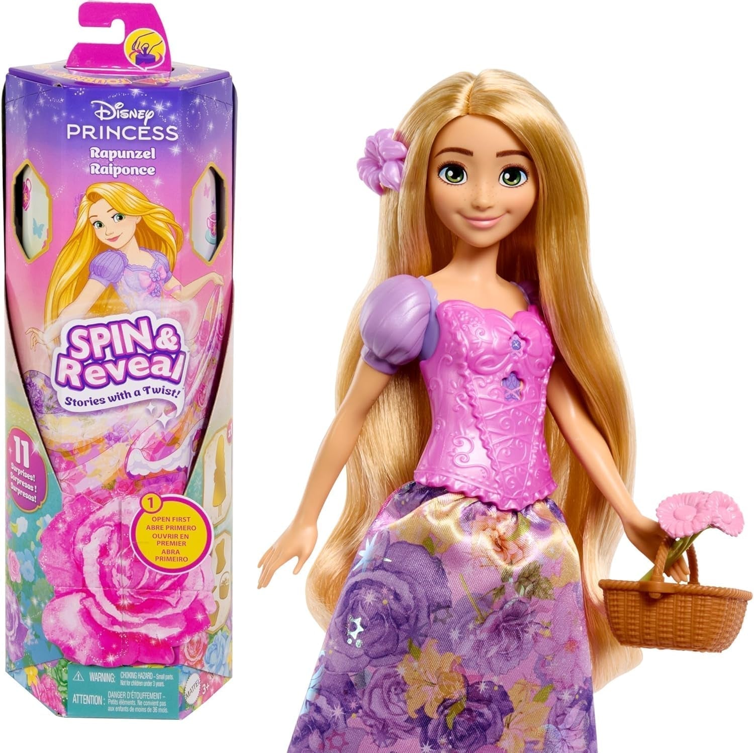 Mattel Disney The Ice Queen Elsa Fashion Doll Set, Spin & Reveal cu 11 surprize, inclusiv 5 accesorii, 5 autocolante și o scenă pentru joacă, inspirat de filmul Disney, HTG25 Papusi Naty Shop Set de păpuși de modă Rapunzel
