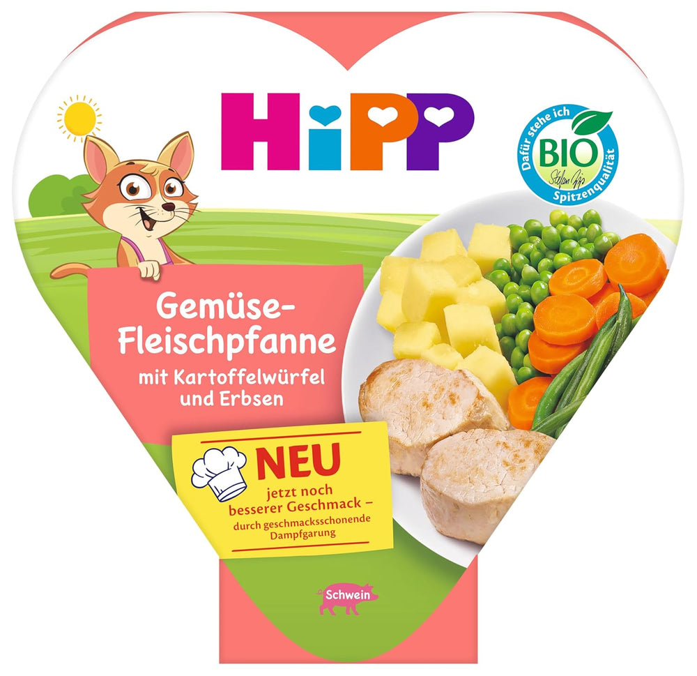 HiPP Guisos de carne y verduras ecológicos con patatas y guisantes cortados en cubitos (6 x 250 g), comida a partir de 1 año, ligeramente cocidos al vapor, vegetarianos, condimento adecuado para niños, calidad ecológica