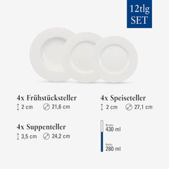 Villeroy & Boch – Set de masă Wonderful World, 12 piese, alb, potrivit pentru mașina de spălat vase și cuptorul cu microunde, farfurii, veselă, porțelan, farfurii de cină, set, set de veselă modern, porțelan premium