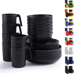 Set de veselă Berglander din plastic negru, 24 de piese pentru 6 persoane, farfurii și boluri reutilizabile, inclusiv farfurii de cină, farfurii de desert, boluri pentru cereale și cești pentru casă, grădină și picnicuri