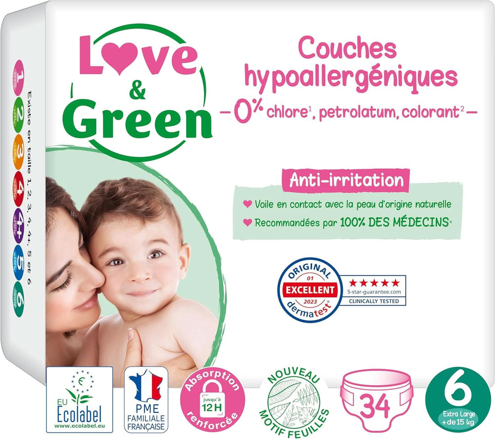 Love & Green, Pañales para bebés, hipoalergénicos, talla 6 (34 unidades) Madre e Hijo Naty Shop