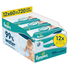Pampers Toallitas para bebé con 99 % de agua, 12 paquetes de 60 toallitas cada uno = 720 toallitas para bebé, loción ligera con 99 % de agua