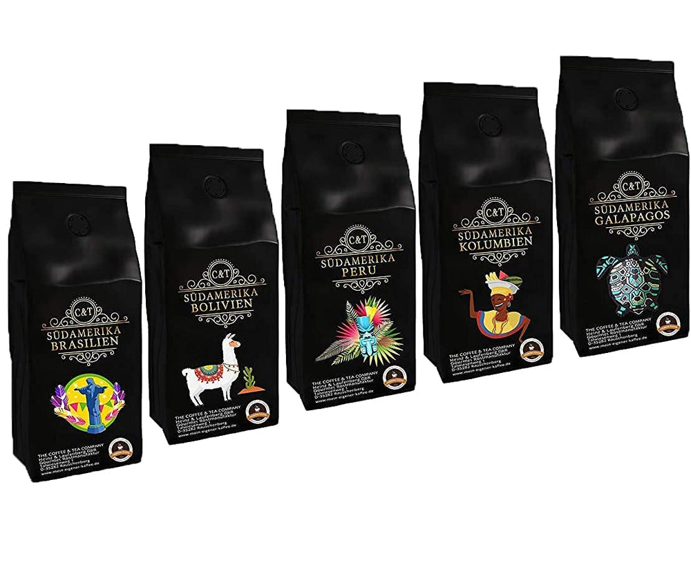 Länder Kaffee Set " Südamerika ", Kaffeebohnen frisch geröstet 5 x 500 g ganze Bohne