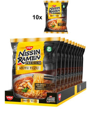 Nissin Ramen Premium - Shoyu Yuzu Paquete de 10 fideos instantáneos secos al aire estilo japonés con sabor a salsa de soja Yuzu y puerro seco (10 x 92,7 g)