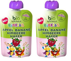 biocentral BioKids Puré de frutas Manzana Plátano Frambuesa Avena | 12 x 90g | Snack frutal sin azúcares añadidos | Vegano (paquete de 2)