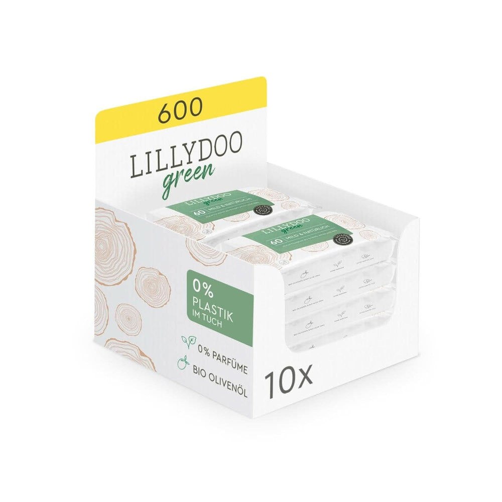 LILLYDOO toallitas húmedas naturales verdes, 100% sin plástico, sin fragancia (FSC Mix) Toallitas húmedas para bebés Naty Shop 10 x 60 toallitas