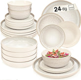 SÄNGER Key West | Set de veselă din gresie, 24 de piese, set de farfurii pentru 6 persoane, 6 farfurii de cină, boluri pentru cereale, farfurii pentru desert, boluri pentru paste, veselă de culoare crem cu textură nisipoasă | COLECȚIA VALUE