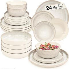 SÄNGER Key West | Set de veselă din gresie, 24 de piese, set de farfurii pentru 6 persoane, 6 farfurii de cină, boluri pentru cereale, farfurii pentru desert, boluri pentru paste, veselă de culoare crem cu textură nisipoasă | COLECȚIA VALUE
