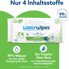 Toallitas húmedas WaterWipes Sensitive+ Hydrating Boost, toallitas hidratantes, 360 piezas (paquete de 6), 3 en 1 limpieza, cuidado, hidratación, 99% agua de aloe vera, toallitas para bebés sin perfume