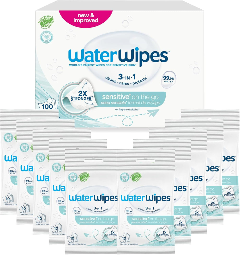 Toallitas húmedas WaterWipes Sensitive+ On The Go, 100 toallitas (paquete de 10), 3 en 1 limpia, cuida, protege, 99,9 % agua, toallitas sin fragancia