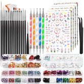 FANDAMEI Pinsel Für Gelnägel, 15 Pcs Nagel Pinsel, 5 Blätter Nagelsticker, Strasssteine Nägel, Nageldesign Set, Nageldesign Zubehör, Nail Art Pinsel Set, Nailart Pinsel Und Dekorationen Set