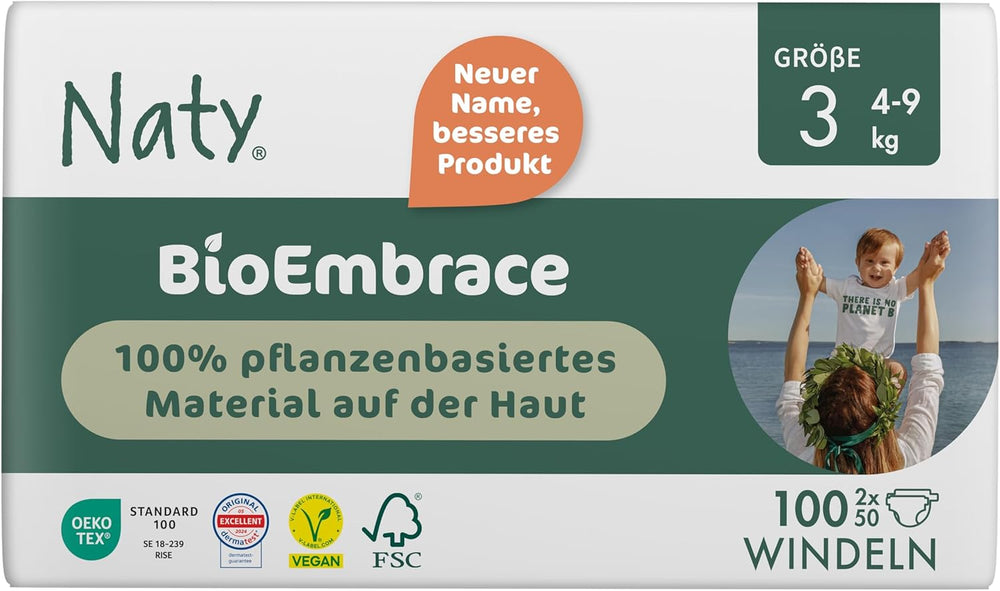 Pañales para bebé Naty BioEmbrace, talla 3 (4-9 kg) | Materiales 100% vegetales, suaves con la piel | Suavidad transpirable, testado dermatológicamente, excelente absorción | 100 uds.