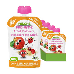 FRECHE FREUNDE Bio Quetschie Apple, Erdbeere, Himbeere mit Grieß, Fruchtmus mit Getreide in Quetschbeutel für Babies from 6. Month, vegan, 6er Pack (6 x 100g)