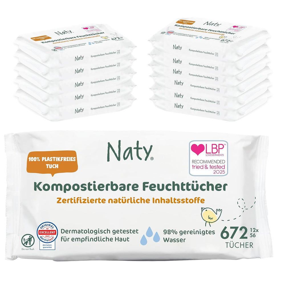 Toallitas Naty Bebé | 100% herbario y libre de fragancias para pieles sensibles | Toallitas compostables certificadas y sin plástico con 98% de agua purificada | 672 toallitas (12 paquetes)