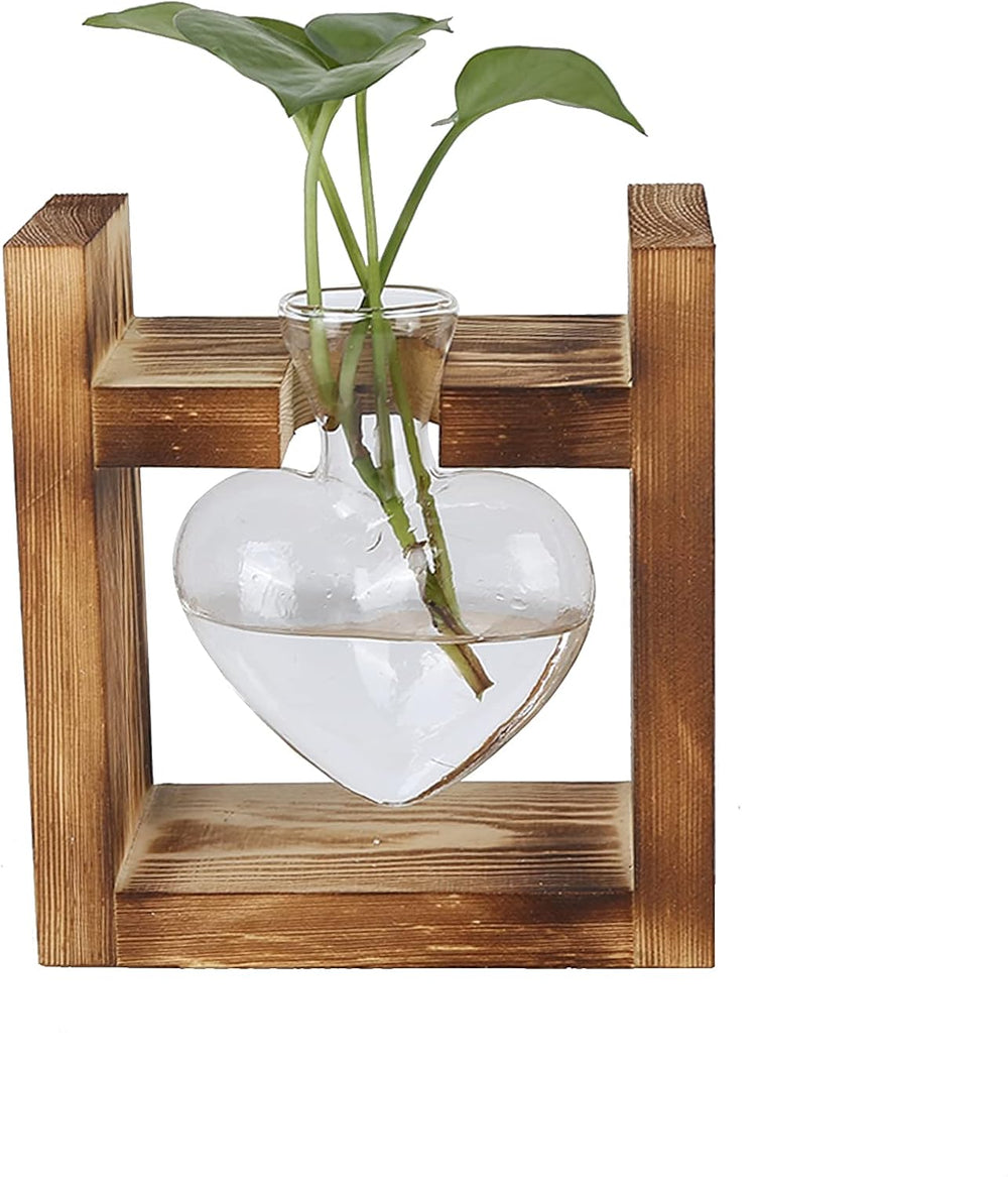 Terrario de plantas con soporte de madera, jarrón de mesa en forma de corazón, plantas hidropónicas de vidrio transparente para decoración del jardín del hogar, decoración de flores hidropónicas para oficina, sala de estar, cocina (A)
