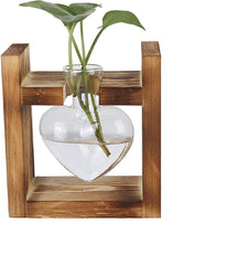 Terrario de plantas con soporte de madera, jarrón de mesa en forma de corazón, plantas hidropónicas de vidrio transparente para decoración del jardín del hogar, decoración de flores hidropónicas para oficina, sala de estar, cocina (A)