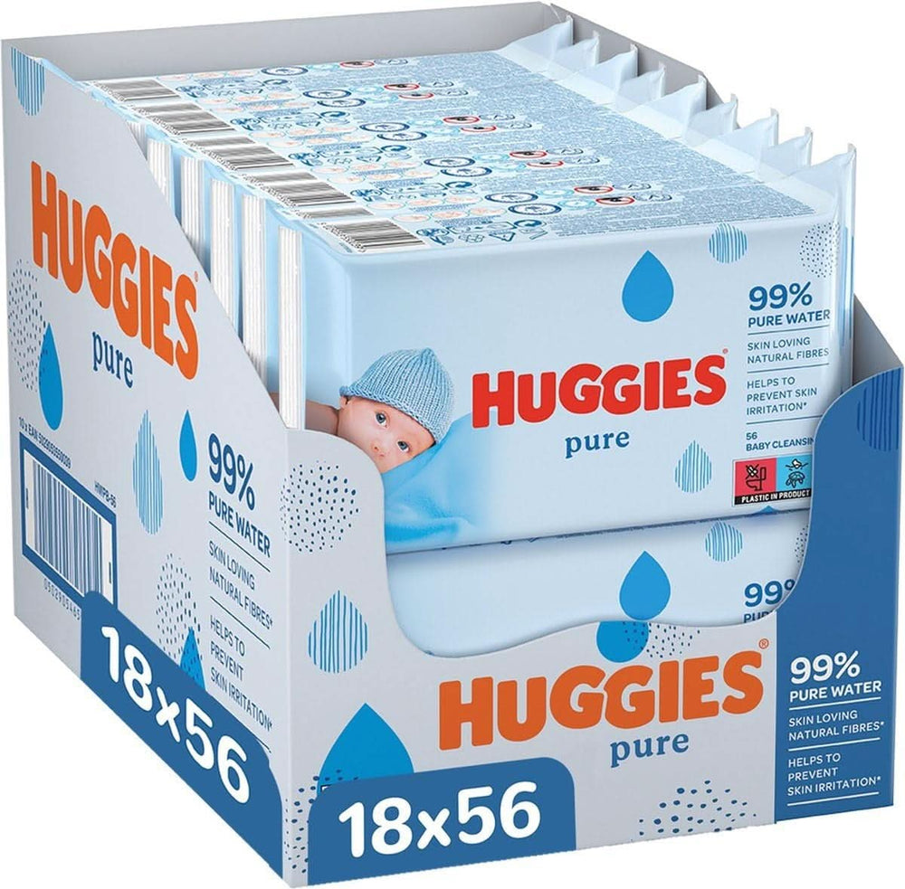 Toallitas húmedas para bebé Huggies Pure, paquete de 18 (1008 toallitas en total), 99 % de agua pura, sin fragancia para una limpieza y protección suaves Toallitas húmedas para bebés Naty Shop