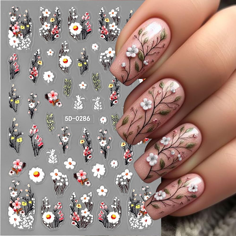 Autocolante pentru unghii cu flori de prun, autocolante pentru unghii cu flori albe și roz, autocolante pentru unghii cu flori în relief, autocolante pentru unghii cu flori de primăvară și vară, design pentru unghii, accesorii pentru unghii, nail art