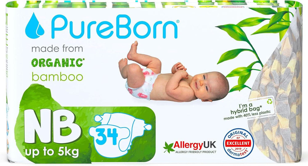 Pañales de bambú orgánicos Pureborn Eco, talla para recién nacidos hasta 5 kg, ultra suaves, hipoalergénicos, con indicador de humedad, varios estampados Mother and Child Naty Shop Newborn (34 uds)