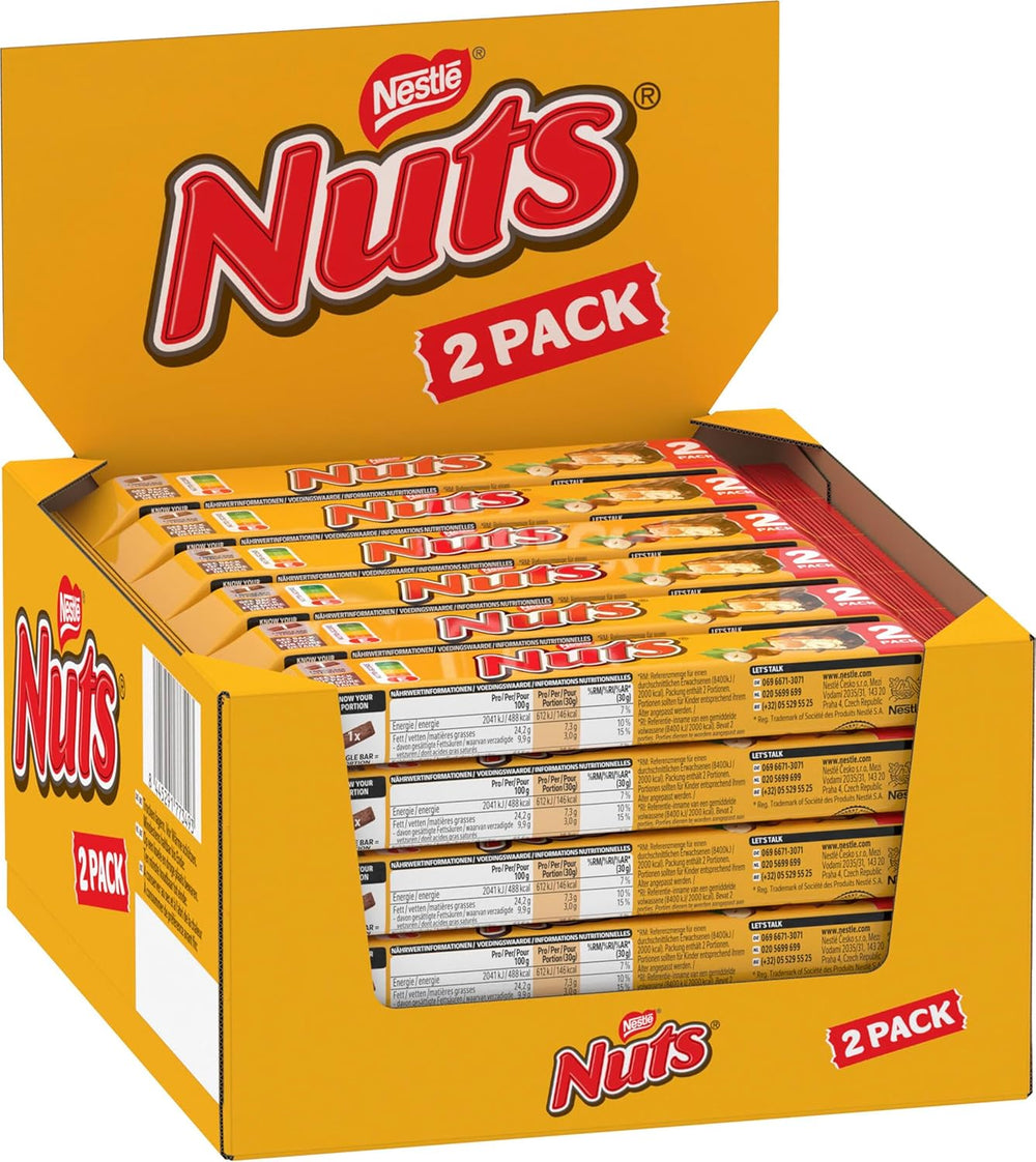Barritas de Chocolate NESTLÉ 2Pack, las clásicas con avellanas enteras y caramelo cubiertas de chocolate con leche, pack de 24 (24 x 2 x 30g)