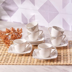 Set de cești espresso din porțelan KARACA Nazende - cești de cafea turcească de 80 ml cu farfurioare, serviciu de cafea modern cu 12 piese cu 6 cești de cafea și 6 farfurioare, cești Mocha - alb