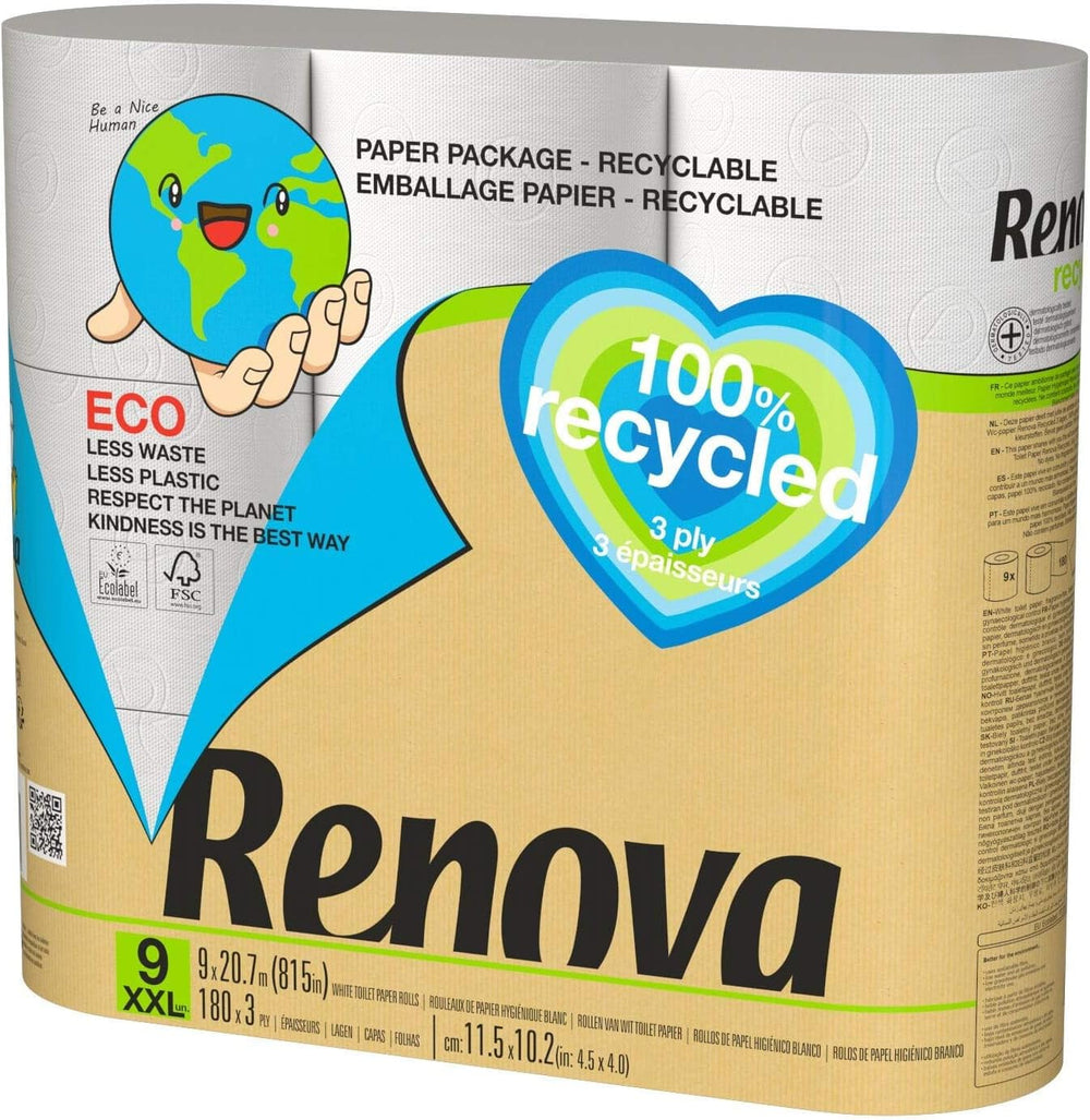 Hârtie igienică Renova 100% RECICLATĂ 9 role, albă, normală