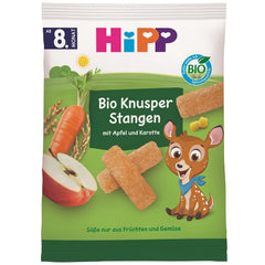 HiPP Bio Knusper Stangen Apple Karotte (7 x 30 g), Babysnack ab 8. Monat, Süße nur aus Früchten und Gemüse, sin gluten, en la mejor calidad biológica