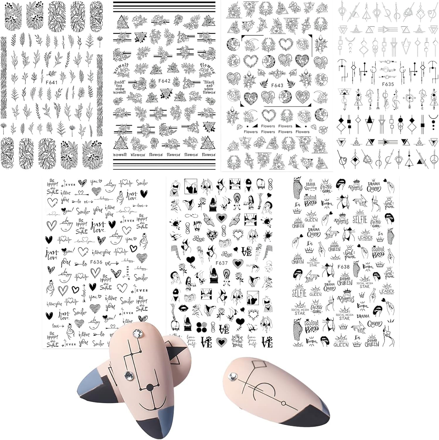 7 Blätter Nagelsticker Selbstklebend Nagelsticker Blumen Abstrakt 3D Schwarz Nagelaufkleber Nageldesign Herzform Wörter Pflanzen Nagel Sticker DIY Nail Art Zubehör Maniküre Dekoration