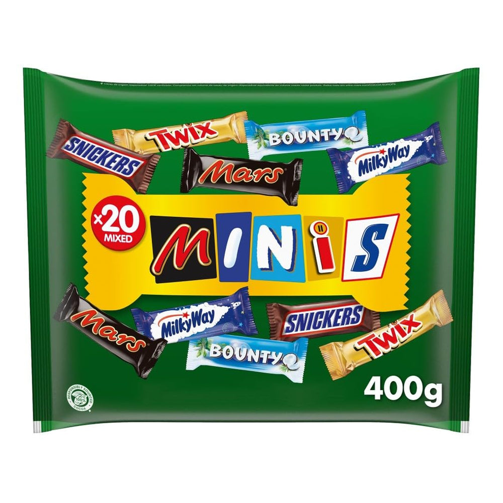 Mini paquete a granel de chocolate mixto, 20 mini snacks de chocolate (Mars, Snickers, Bounty, Twix, Milky Way), como caramelo, regalo de chocolate, caja de caramelos, 400 g