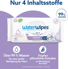 WaterWipes Sensitive+ Soothing Clean 360 piezas (paquete de 6) 3 en 1 limpieza, cuidado y calmante 99% agua con extracto de plantas toallitas para bebés sin perfume