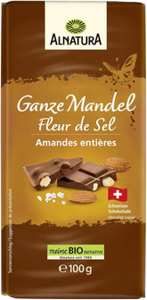 Chocolate ecológico con almendras enteras y flor de sal, 100 g