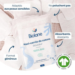 BIOLANE 12 Compresas Húmedas Maxi Cuadradas - Bebés - 100% Orgánico - 720 Algodón - para pieles sensibles - Cambiador y Aseo - desde el nacimiento - fabricadas en Francia