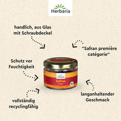 Herbaria Safran-Fäden bio 0,5g im Glas – Bio Saffron-Fäden aus dem bereicht Safran-Ort Taliouine in Marokko – Safranfäden in Premium Bio-Qualität – Saffron Premium - Safran première catégorie