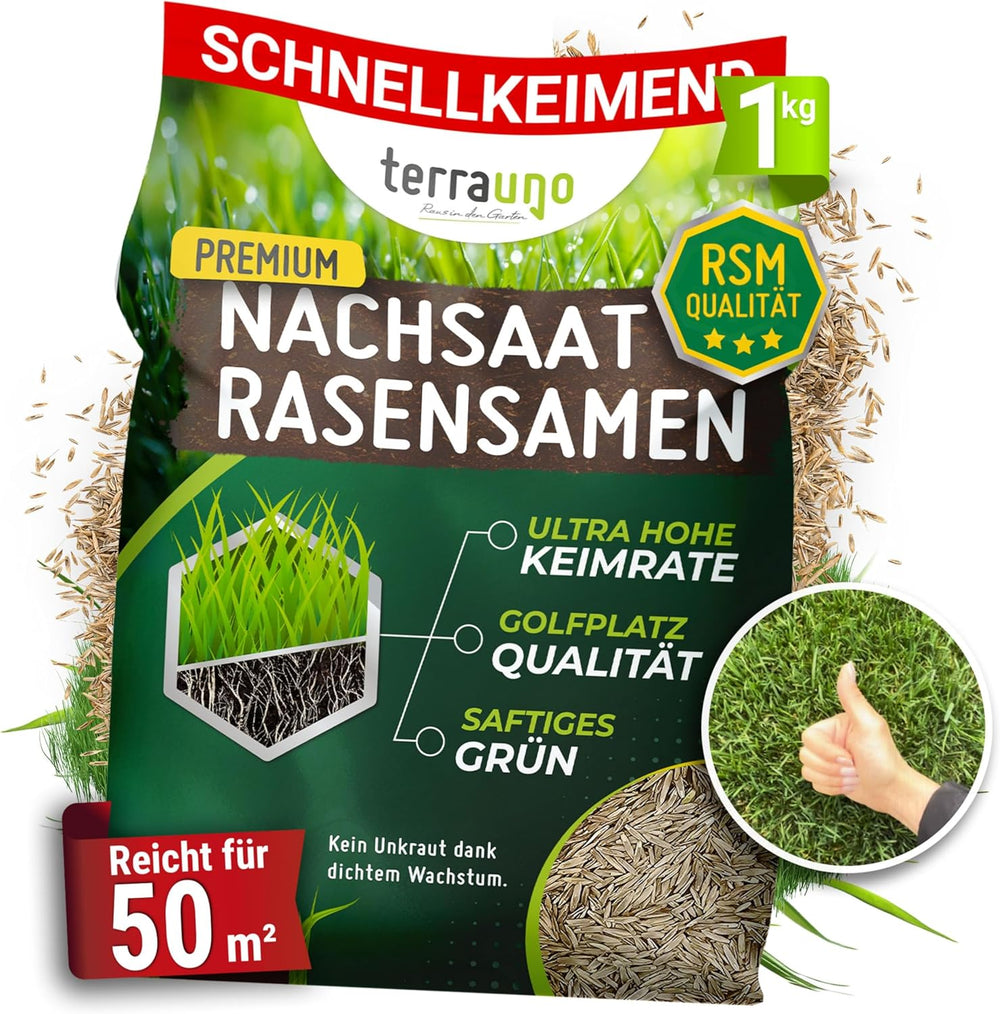 Terrauno - Rasensamen Schnellkeimend I Nachsaat Rasen I Extrem Hohe Keimrate I 1 Kg Für 50 M² I Rasensamen Trockenresistent Zur Schnellen Lückenschließung I Rasennachsaat RSM Qualität
