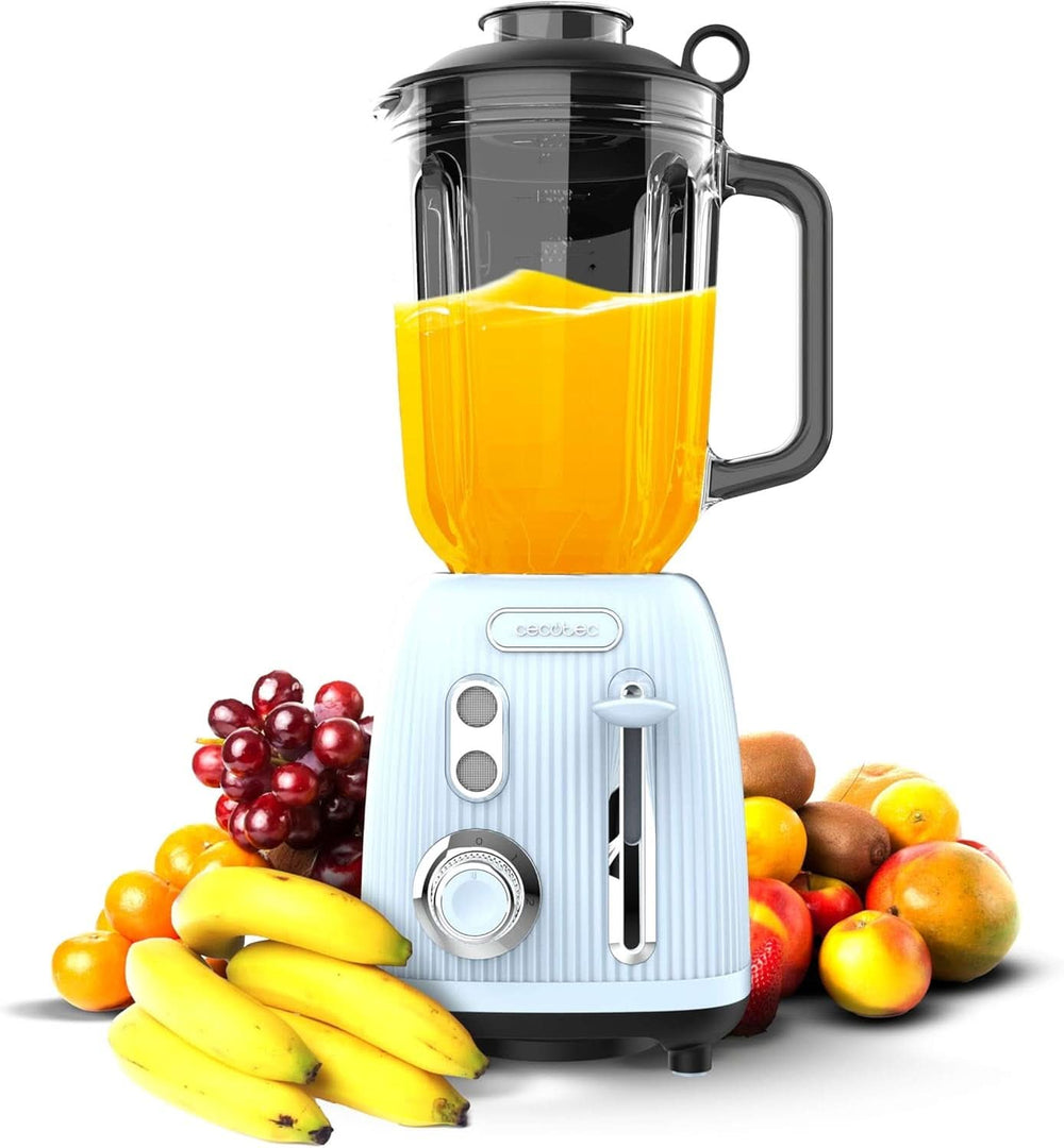 Cecotec Batidora amasadora Retro Power Black Titanium Retroblue, 1200 W de potencia máxima, 1,5 L de capacidad de cristal, Einstellbare Geschwindigkeit, 4 Klingen Mit Schwarzem Titanbeschichtung, 100% Kupfermotor. Cocina Naty Tienda