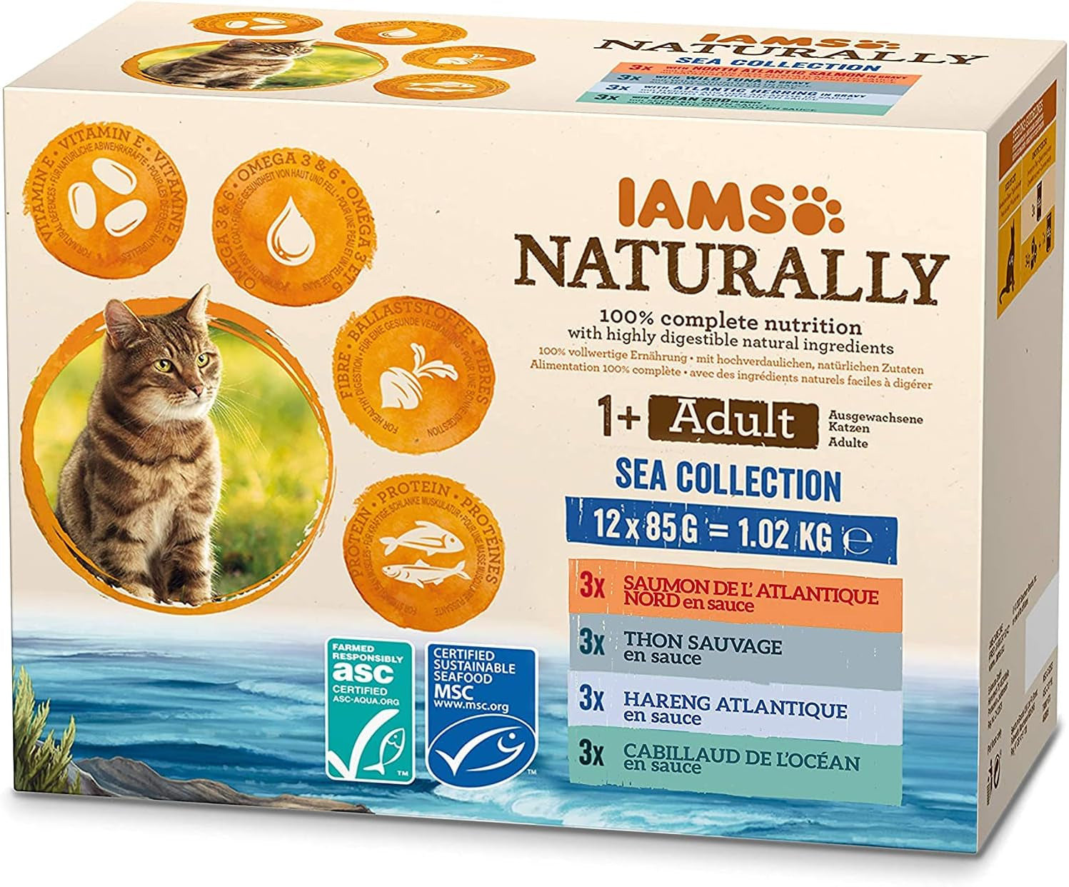 IAMS Naturally Cat Food Wet in Sauce - Hrană umedă de înaltă calitate cu carne și pește pentru pisici adulte, Land & Sea Collection, 12 X 85 G