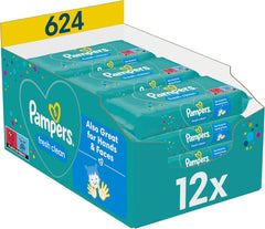 Toallitas húmedas Pampers Fresh Clean, 12 paquetes de 52 toallitas, 624 toallitas en total, aroma ligero, también adecuadas para manos y cara