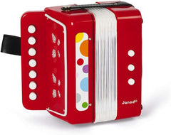Janod - Acordeon Confetti, instrument muzical pentru copii, replică de jucărie și jucărie pentru percepție muzicală, curea de prindere, roșu, de la 3 ani, J07620 Jucarii Bebe Naty Shop