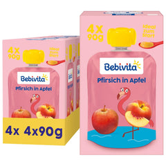 Bolsitas exprimibles de melocotón y manzana - Paquete de 16 (4 paquetes, 4 x 90 g cada uno), sin azúcar añadido, sin gluten, vegano, ideal para bebés a partir de 5 meses, perfecto para llevar