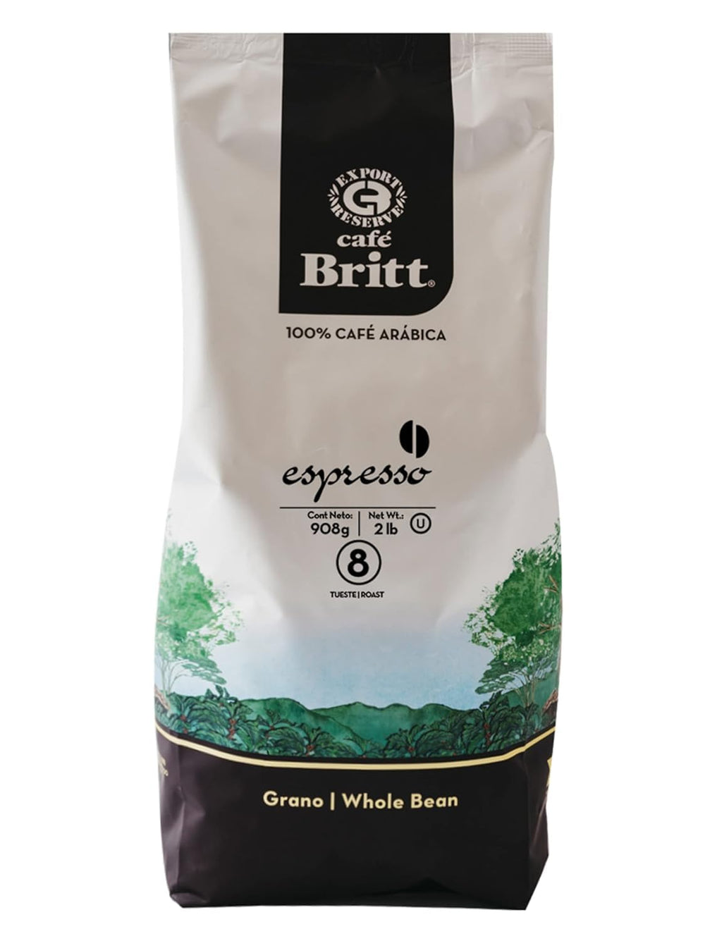 Café Britt® - Cafea Espresso Costa Ricană (Pachet de 1) (2 lbs - Boab întreg, Cafea Arabica, Kosher, Fără Gluten, 100% Gourmet și Prăjire Neagră)