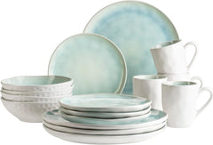 Seria MÄSER Frozen, set de veselă ceramică pentru 4 persoane, serviciu combinat cu 16 piese cu forme organice, serviciu colorat, gresie, verde turcoaz