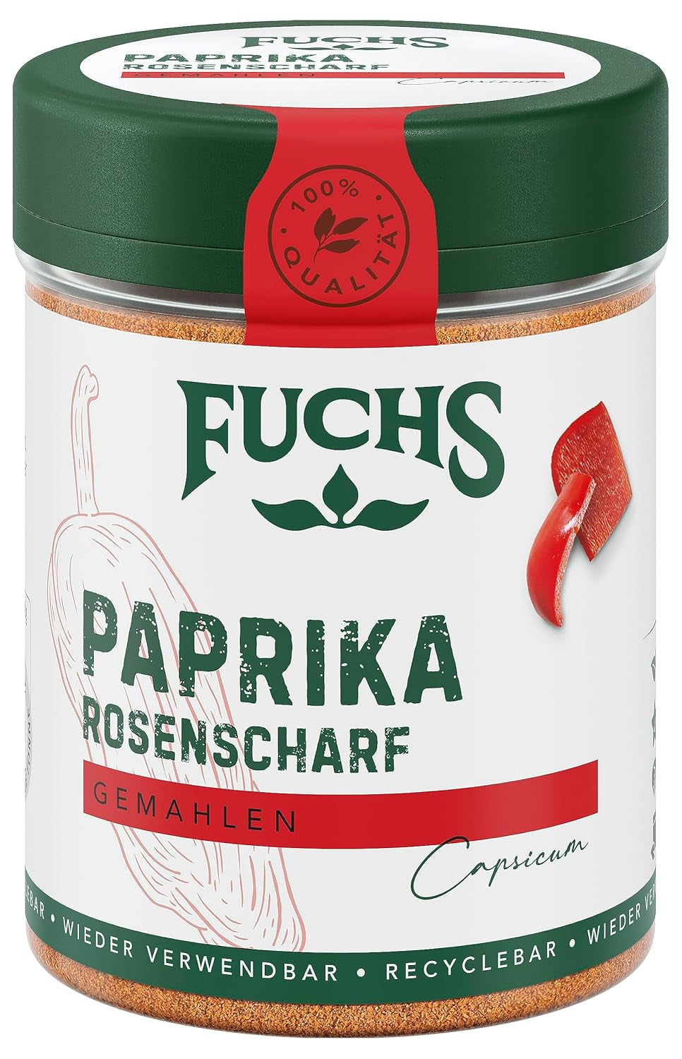 Fuchs Gewürze - Paprika rosenscharf gemahlen - schärfer Gesmack für Gulasch, Eintöpfe oder Gemüsegerichte - ingredientes naturales - 55 g en wiederverwendbarer, recyclebarer Dosis