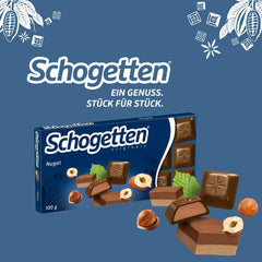 Barra de chocolate Schogetten Nougat 100g, en porciones individuales. Una delicia. Pieza por pieza.