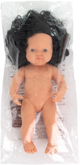 Muñecas Miniland: europäische Babypuppe Mädchen mit schwarzen Locken, 38cm, aus weichem Vinyl, en Tüte transparente. (31232)