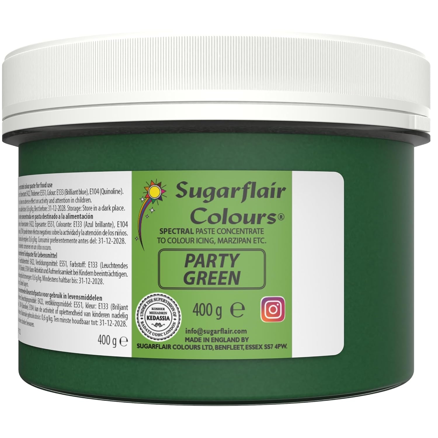 Colorant alimentar Sugarflair Partygreen pentru paste, colorant alimentar pentru fondant și marțipan, paste concentrate Spectral - 400 g
