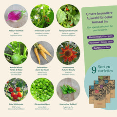 Magic Garden Seeds - Juego de Semillas Raras - 9 Variedades Inusuales de Verduras, Hierbas y Flores - Seleccionadas a Mano, Coloridas e Inusuales - Regalo Original para los Amantes de la Jardinería