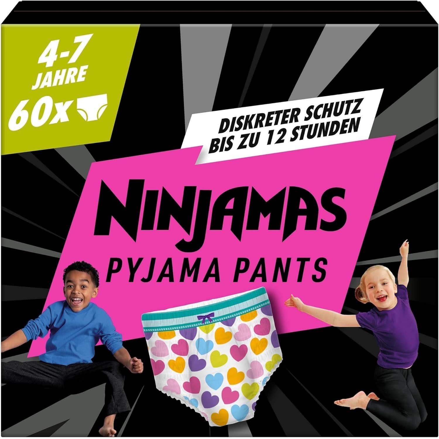 Pantaloni de pijama Ninjamas Hearts, 60 pantaloni de noapte absorbanți, 7 ani, 17Kg-30Kg Mama si Copilul Naty Shop 4-7 ani (60 de bucăți) Fete, 4-7 ani