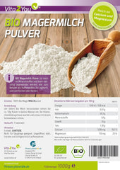 Vita2You Bio Leche Desnatada en Polvo 1000g - 100% Bio Qualität - para hornear - Kaffeeweißer - Milchpulver für Joghurts - 1kg - Premium Qualität