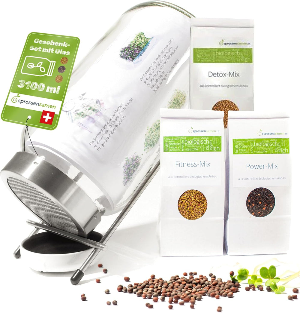 Juego de tarros de germinación de 3100 ml con set de regalo - Organic Fitness Mix, Power Mix y Detox Mix, 75 g cada uno - Tarro de germinación - incl. tapa de frasco, soporte y colador