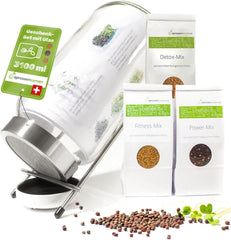 Juego de tarros de germinación de 3100 ml con set de regalo - Organic Fitness Mix, Power Mix y Detox Mix, 75 g cada uno - Tarro de germinación - incl. tapa de frasco, soporte y colador